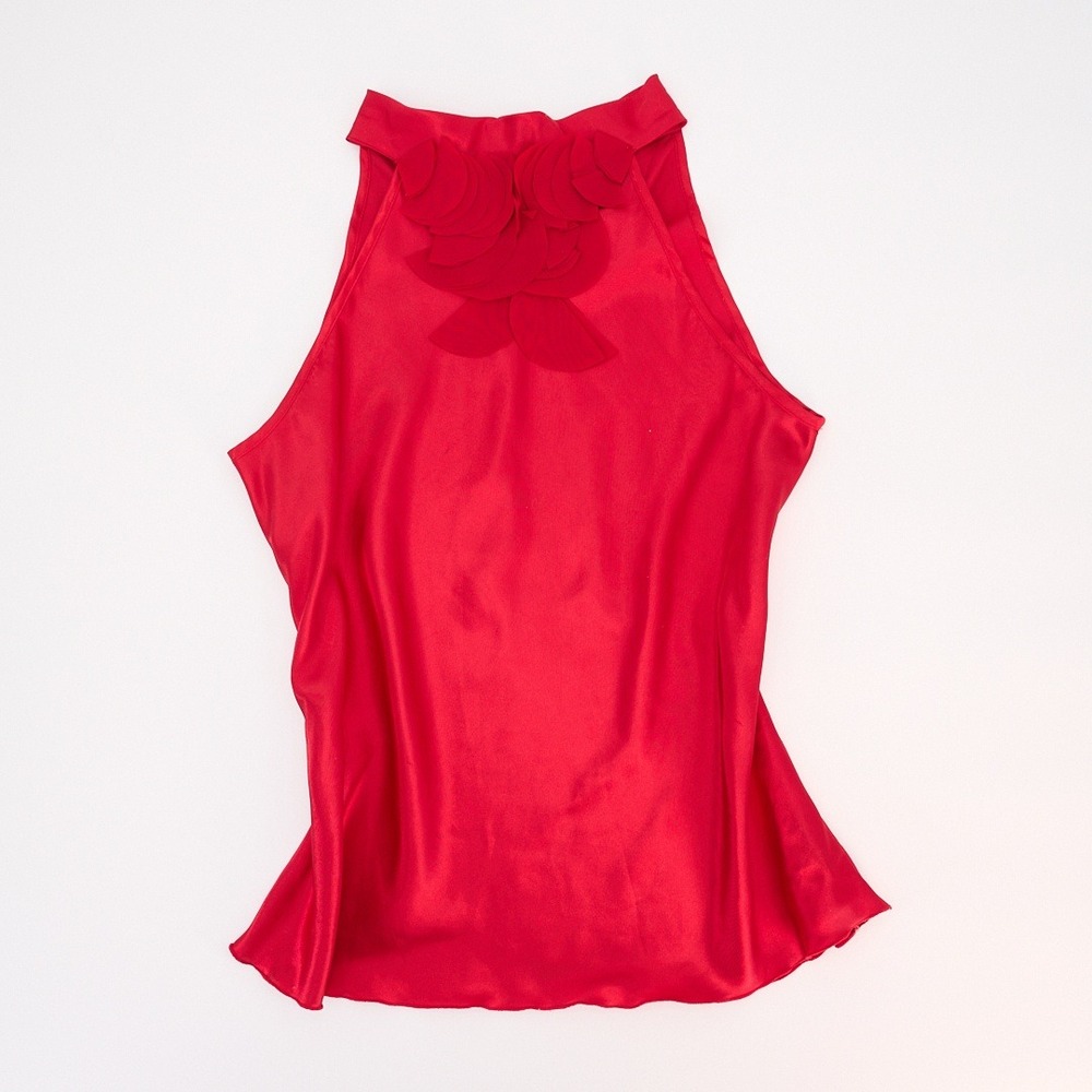 B. Wear Red Satin Halter Blouse Layered Petal Detail Bow Back